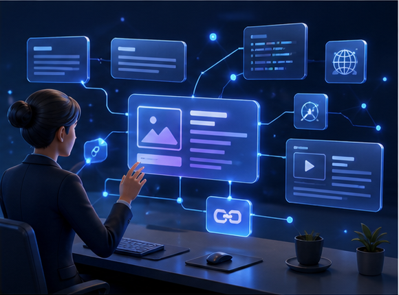 3D content strategist organizing web pages and reputation assets