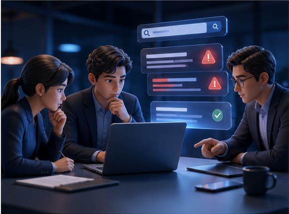 Team reviewing negative search results on a dashboard