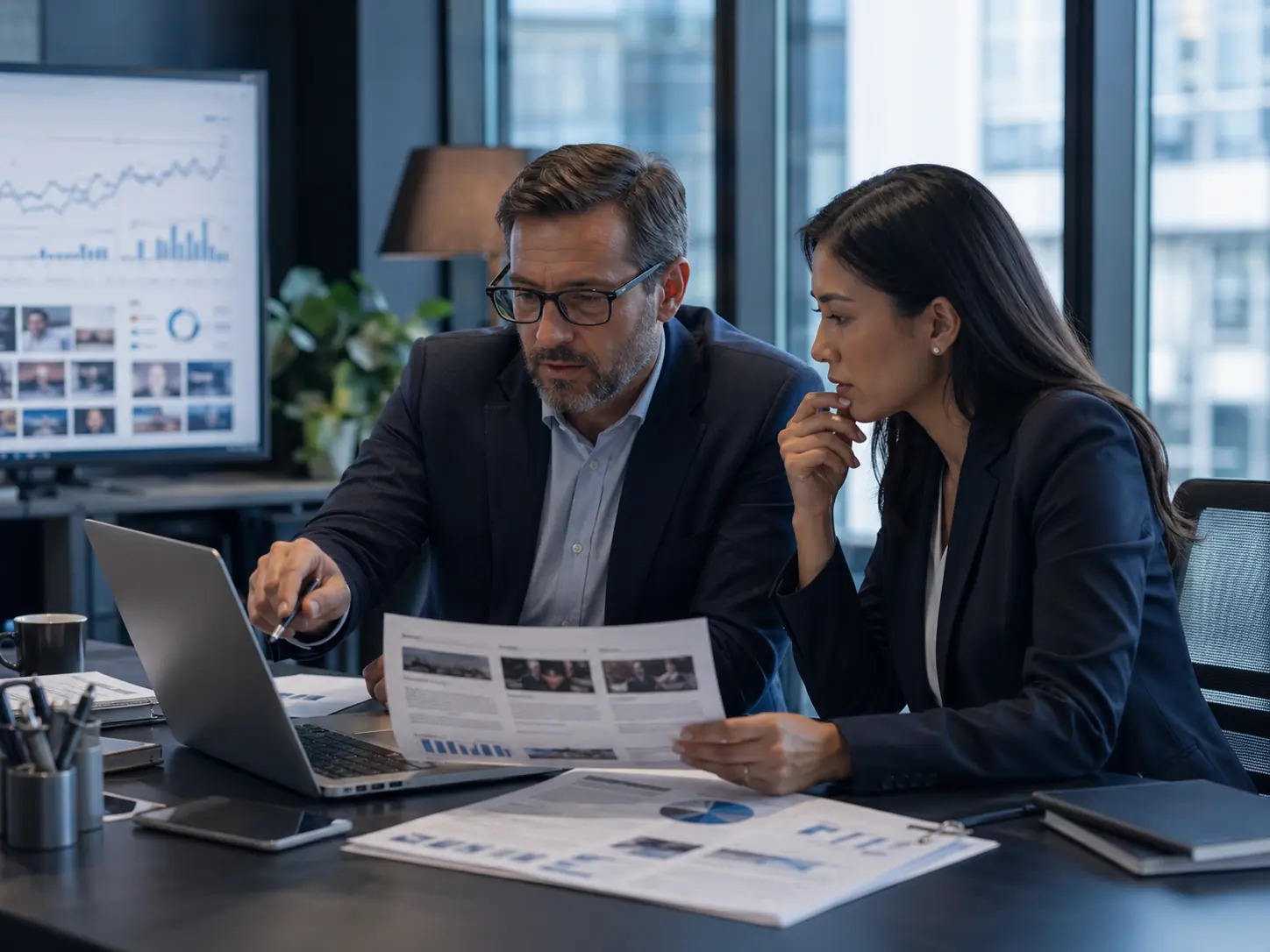 Reputation communications team reviewing public-facing brand context