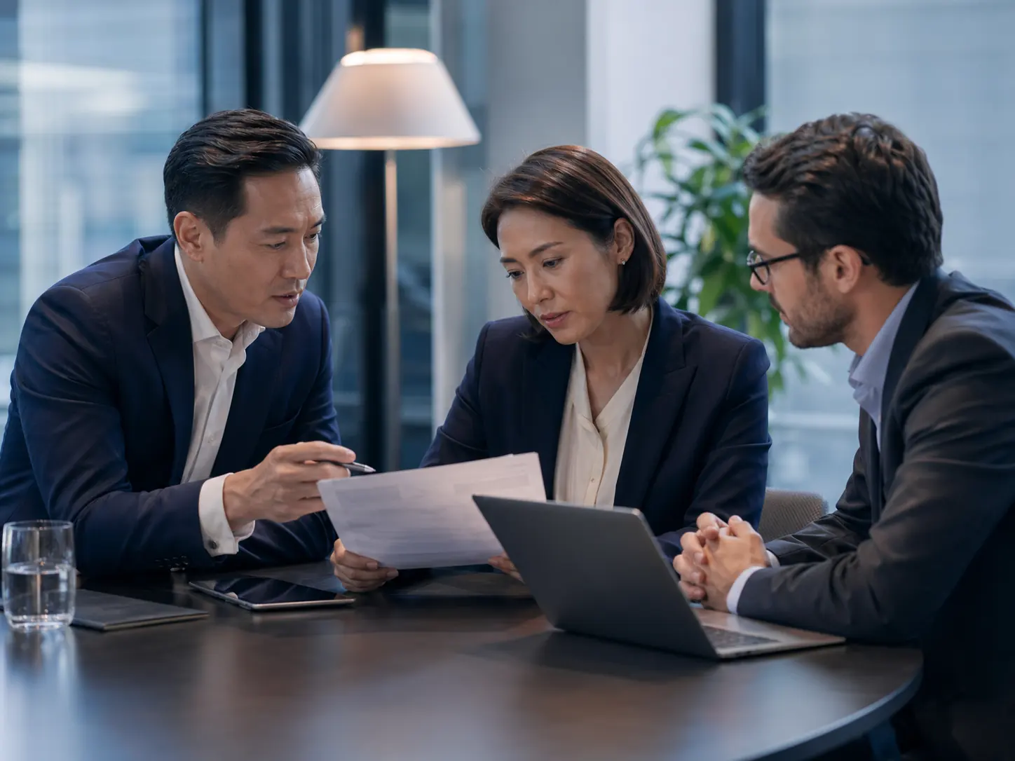 Business communication advisors reviewing official statement documents
